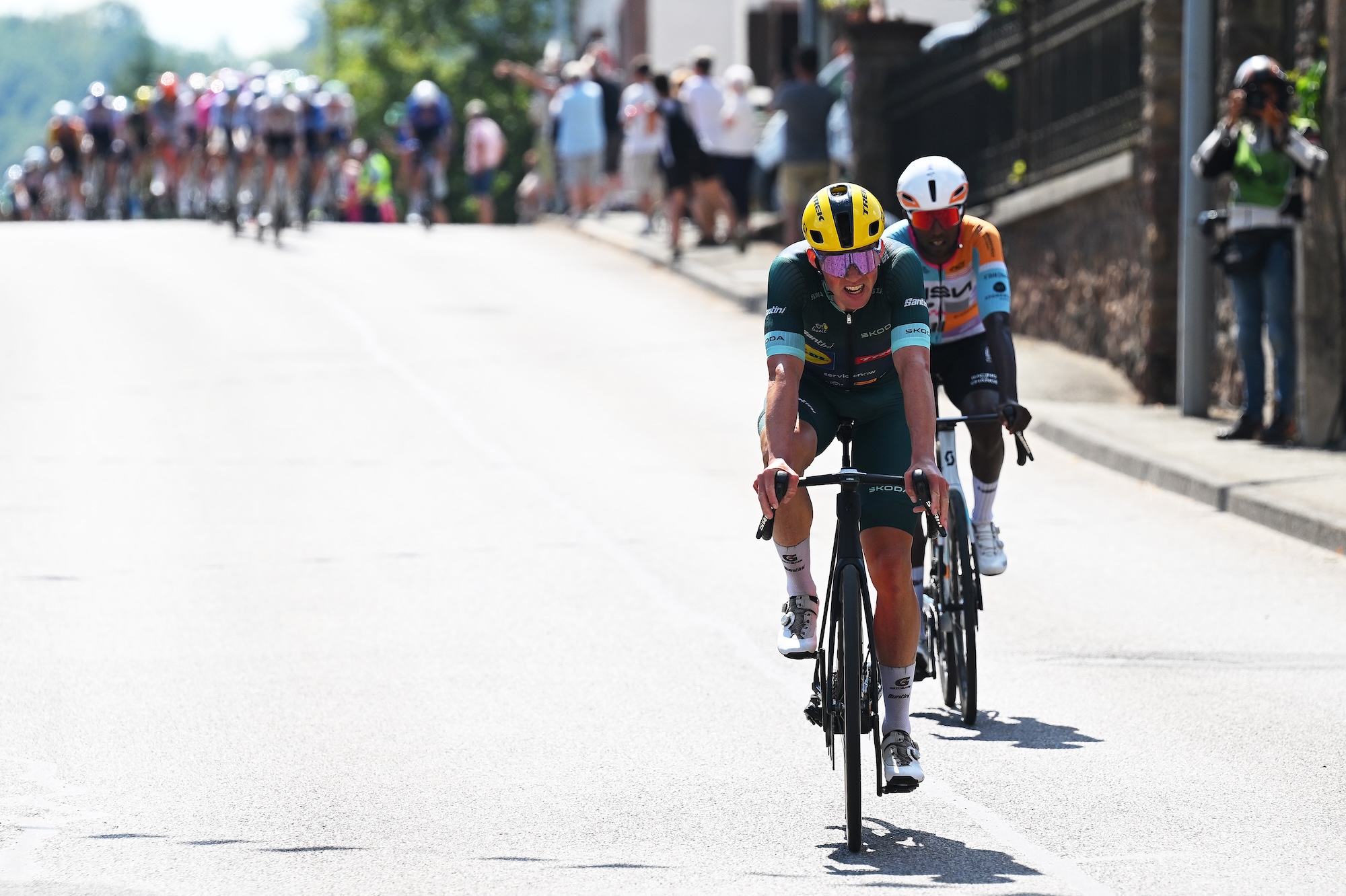 BELFORT, FRANCE - JULY 17: (L-R) Mads Pedersen of Denmark and Team Lidl - Trek - Green Sprint Jersey and Biniam Girmay of Eritrea and Team NSN Cycling react after the intermediated sprint during the 113th Tour de France 2026, Stage 13 a 205.8km stage from Dole to Belfort / #UCIWT / on July 17, 2026 in Belfort, France. (Photo by Tim de Waele/Getty Images)