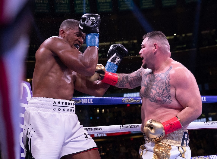 Andy Ruiz, in his most recent action, plants his left hand on the chin of Jarrell Miller in August 2024