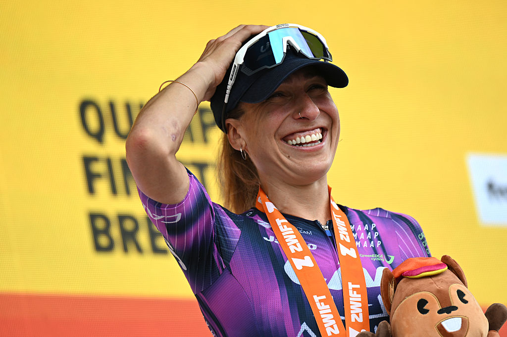 QUIMPER , FRANCE - JULY 27: Mavi Garcia of Spain and Team Liv AlUla Jayco celebrates at podium as stage winner during the 4th Tour de France Femmes 2025, Stage 2 a 110.4km stage from Brest to Quimper / #UCIWWT / on July 27, 2025 in Quimper, France. (Photo by Szymon Gruchalski/Getty Images)