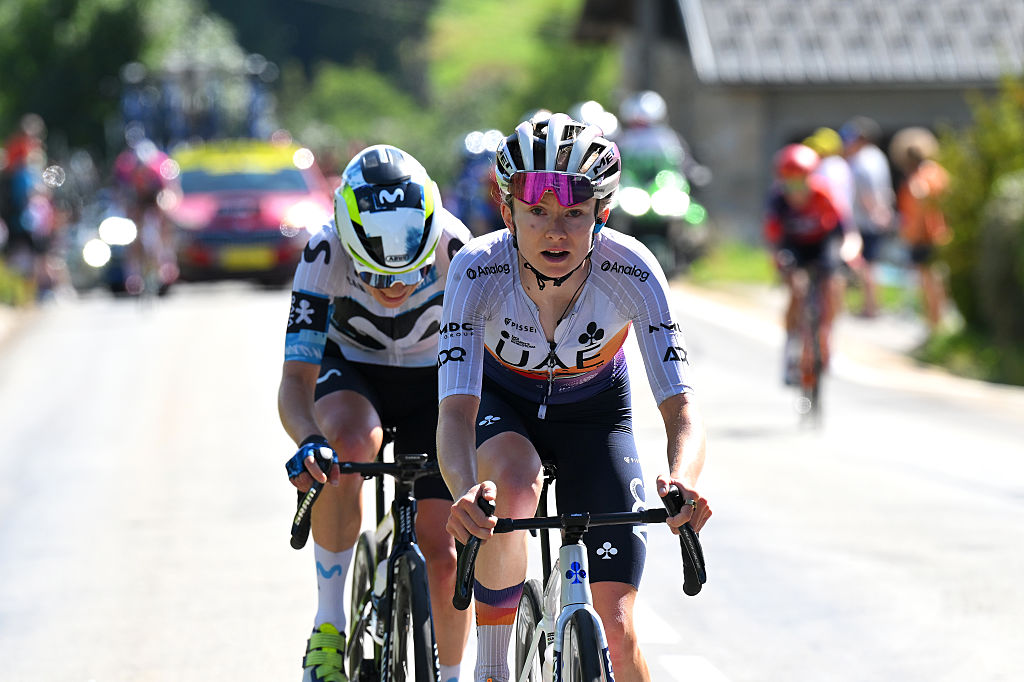 CHAMBERY, FRANCE - AUGUST 01: (L-R) Mareille Meijering of Netherlands and Team Movistar and stage winner Maeva Squiban of France and UAE Team ADQ attack in the breakaway during the 4th Tour de France Femmes 2025, Stage 7 a 159.7km stage from Bourg-en-Bresse to Chambery / #UCIWWT / on August 01, 2025 in Bourg-en-Bresse, France. (Photo by Tim de Waele/Getty Images)