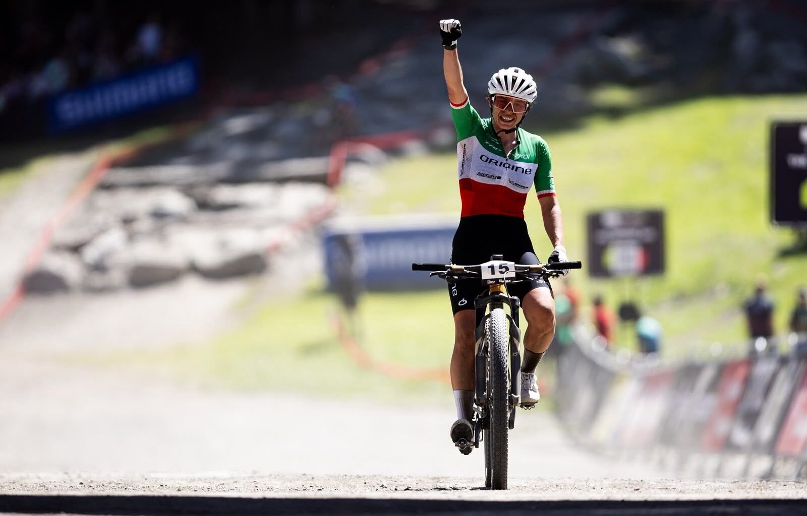 Martina Berta (Origine Racing Division) celebrates home victory at La Thuile in elite women's XCO at the 2026 WHOOP UCI Mountain Bike World Series