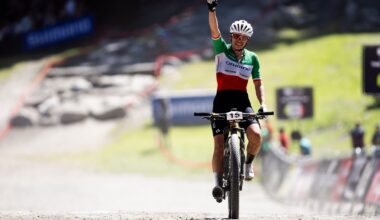 Martina Berta (Origine Racing Division) celebrates home victory at La Thuile in elite women's XCO at the 2026 WHOOP UCI Mountain Bike World Series