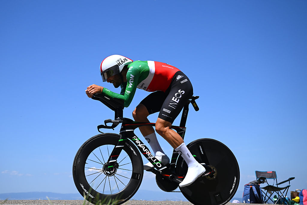 THONON-LES-BAINS, FRANCE - JULY 21: Filippo Ganna of Italy and Netcompany INEOS Cycling Team competes during the 113th Tour de France 2026, Stage 16 a 26.1km individual time trial stage from Evian-les-Bains to Thonon-les-Bains / #UCIWT / on July 21, 2026 in Thonon-les-Bains, France. (Photo by Tim de Waele/Getty Images)
