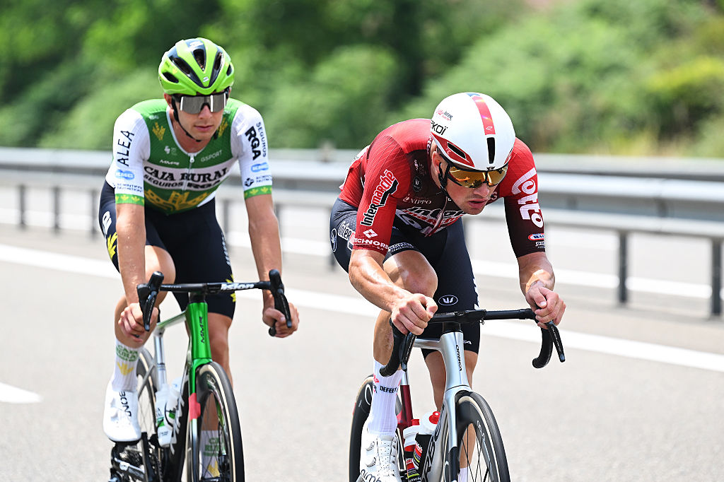 BORDEAUX, FRANCE - JULY 10: (L-R) Jakub Otruba of Czech Republic and Team Caja Rural - Seguros RGA and Baptiste Veistroffer of France and Team Lotto Intermarche compete in the breakaway during the 113th Tour de France 2026, Stage 7 a 175.1km stage from Hagetmau to Bordeaux / #UCIWT / on July 10, 2026 in Bordeaux, France. (Photo by Tim de Waele/Getty Images)