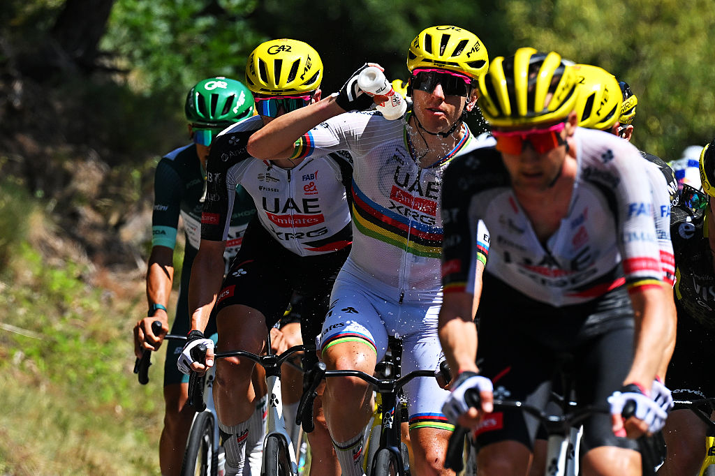 LES ANGLES, SPAIN - JULY 06: Tadej Pogacar of Slovenia and UAE Team Emirates - XRG refreshes during 113th Tour de France 2026, Stage 3 a 195.9km stage from Granollers to Les Angles 1801m / #UCIWT / on July 06, 2026 in Les Angles, Spain. (Photo by Tim de Waele/Getty Images)