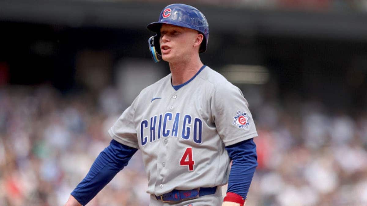CHICAGO, ILLINOIS - MAY 17: Pete Crow-Armstrong #4 of the Chicago Cubs reacts after getting hit by a pitch in the eighth inning against the Chicago White Sox at Rate Field on May 17, 2026 in Chicago, Illinois. (Photo by Michael Hirschuber/Getty Images)