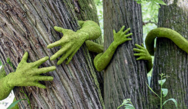 monsieur plant wraps sculptural human arms around trees