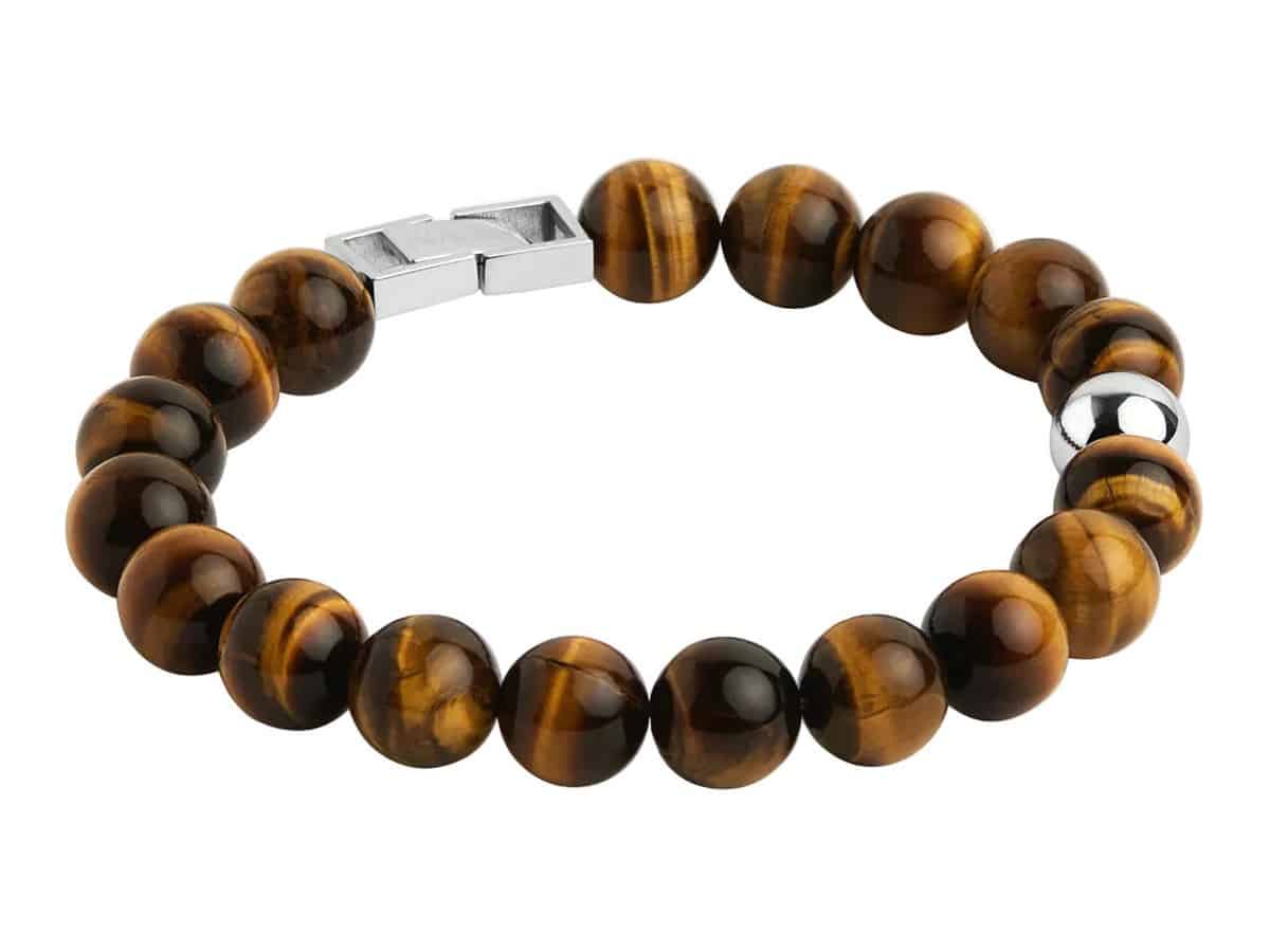NAJO Atlas Men's 10mm Beaded Tiger's Eye Bracelet with a single steel accent bead