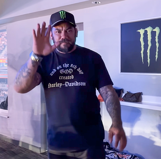 Hans Mollan Camp's global marketing director of "Monster Energy" greets the camera of ZFN CEO Jung Chan-sung at T-Mobile Arena UFC 329 in Paradise, Nevada in July 2026. Jung Chan-sung receives personal support from Monster Energy. Photo by @koreanzombie Video Screen