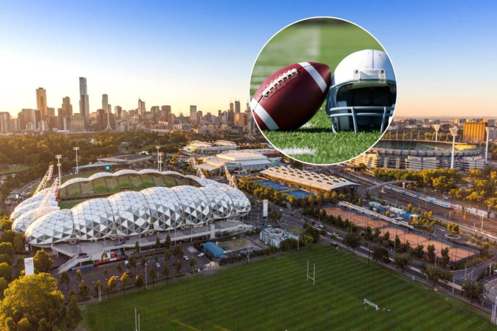 a photo of an NFL football and helmet, over an aerial view of the Melbourne Park sports precinct to give a sense of the vibe at the NFL Melbourne Game Kickoff Festival