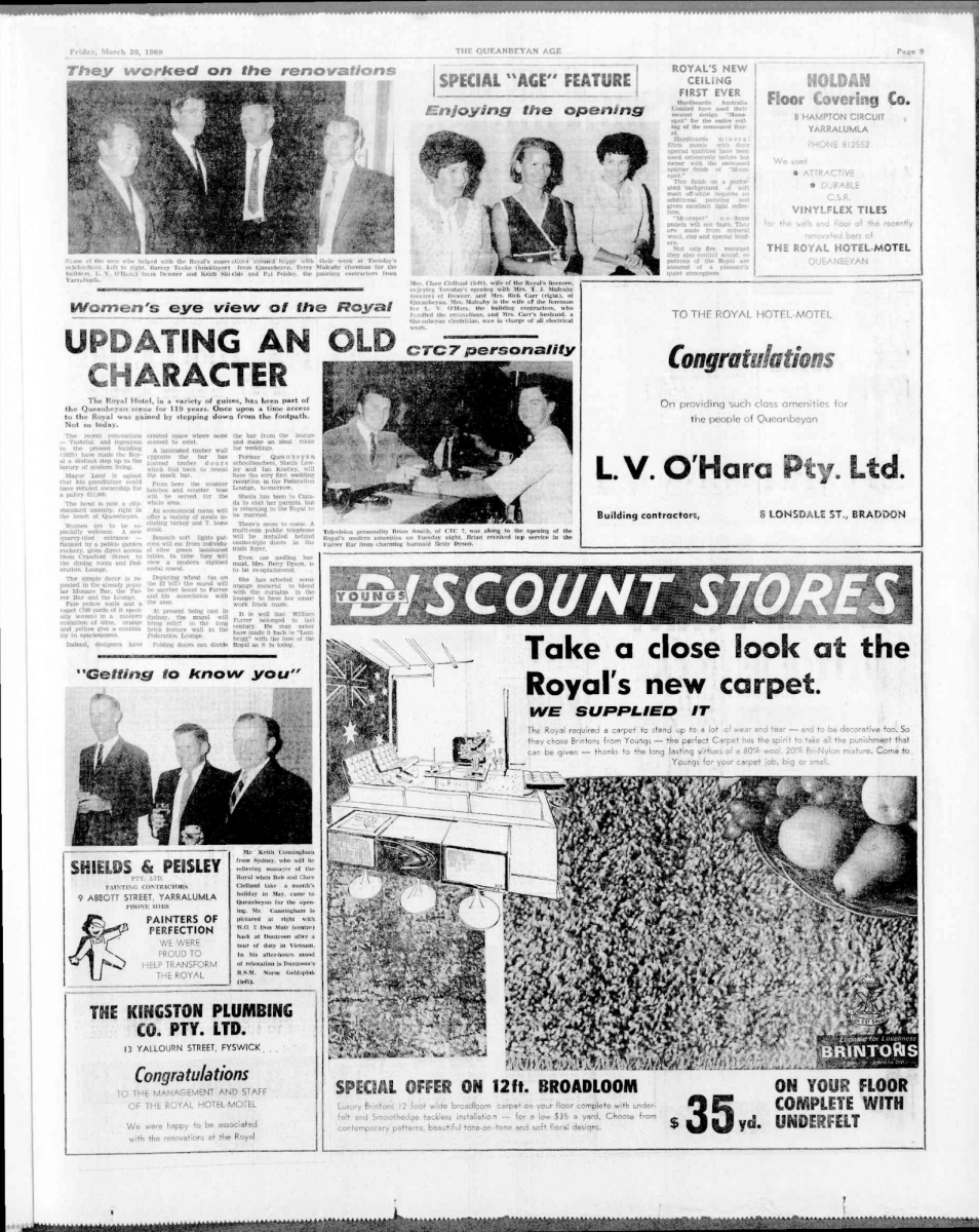 A newspaper page from 1969 which celebrates the opening of the newly refurbished Royal Hotel Queanbeyan. There are photos of attendees, and ads from contractors who worked on the site.