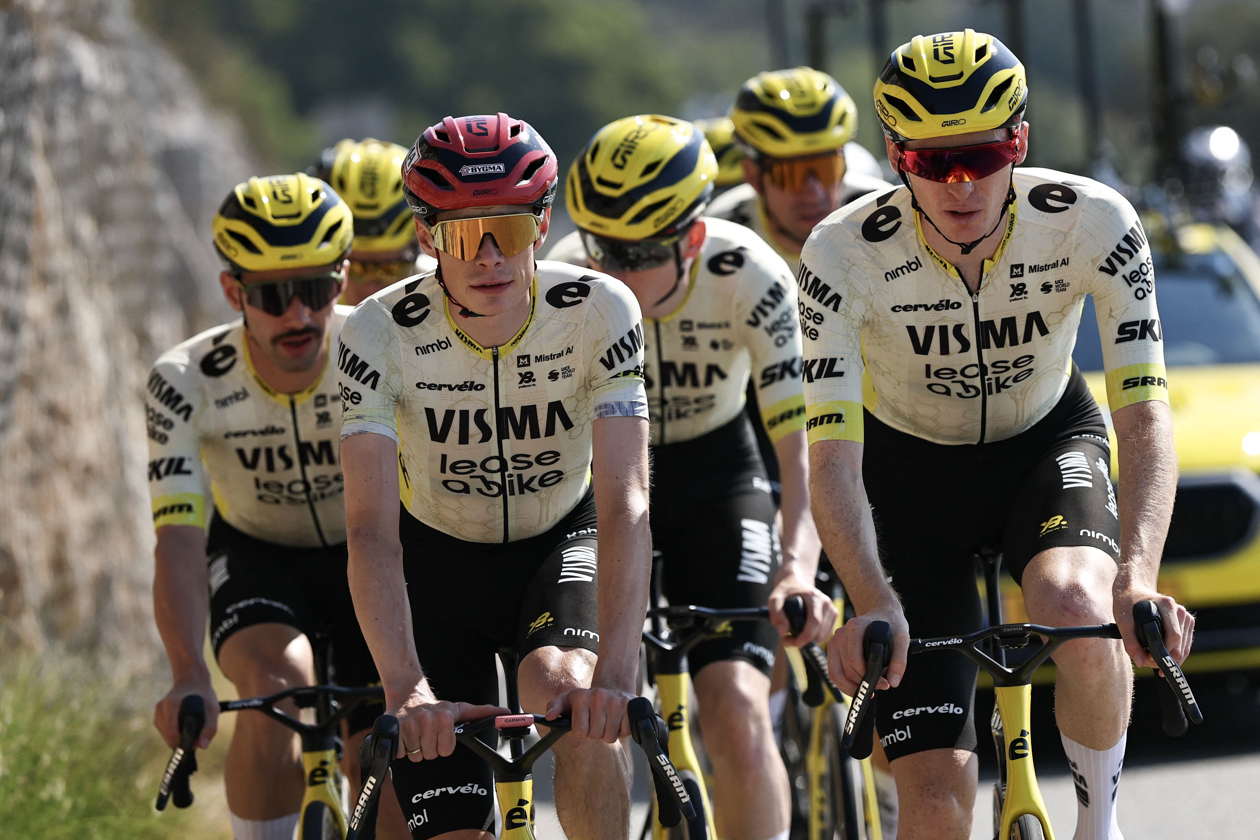 Team Visma | Lease a Bike: Victor Campenaerts (L), Jonas Vingegaard (2nd L) and Matteo Jorgenson (R) train two days prior to the start of the 113th edition of the Tour de France