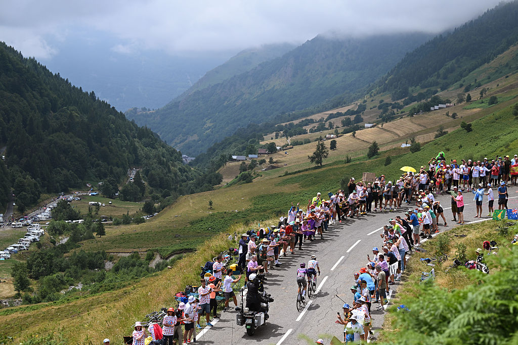 LUCHON-SUPERBAGNERES, FRANCE - JULY 19: (L-R) Ben O&amp;apos;Connor of Australia and Team Jayco AlUla and Lenny Martinez of France and Team Bahrain - Victorious compete in the breakaway climbing to the Col du Tourmalet (2110m) while fans cheer during the 112th Tour de France 2025, Stage 14 a 182.6km stage from Pau to Luchon-Superbagneres 1794m / #UCIWT / on July 19, 2025 in Luchon-Superbagneres, France. (Photo by Tim de Waele/Getty Images)