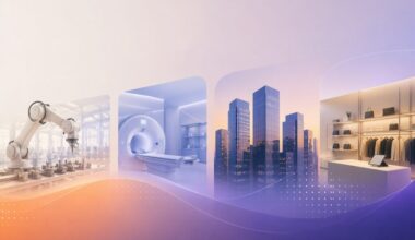 Stylized illustration showing four connected scenes that represent industries transformed by AI and technology: a robotic arm operating in a manufacturing environment, an MRI scanner in a healthcare setting, a modern city skyline and a retail store display. The scenes are framed within soft-edged panels and connected by flowing digital wave patterns in shades of blue, purple, and orange, suggesting data, innovation and cross-industry transformation.