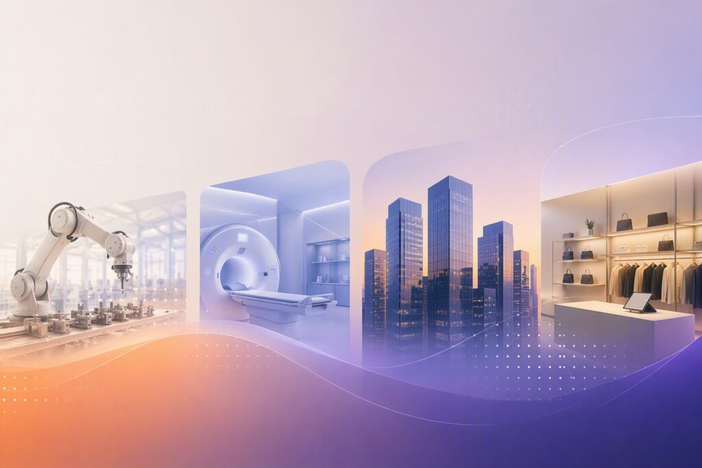 Stylized illustration showing four connected scenes that represent industries transformed by AI and technology: a robotic arm operating in a manufacturing environment, an MRI scanner in a healthcare setting, a modern city skyline and a retail store display. The scenes are framed within soft-edged panels and connected by flowing digital wave patterns in shades of blue, purple, and orange, suggesting data, innovation and cross-industry transformation.
