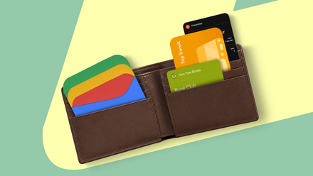 Open wallet with Google Wallet logo, loyalty cards, and tickets.