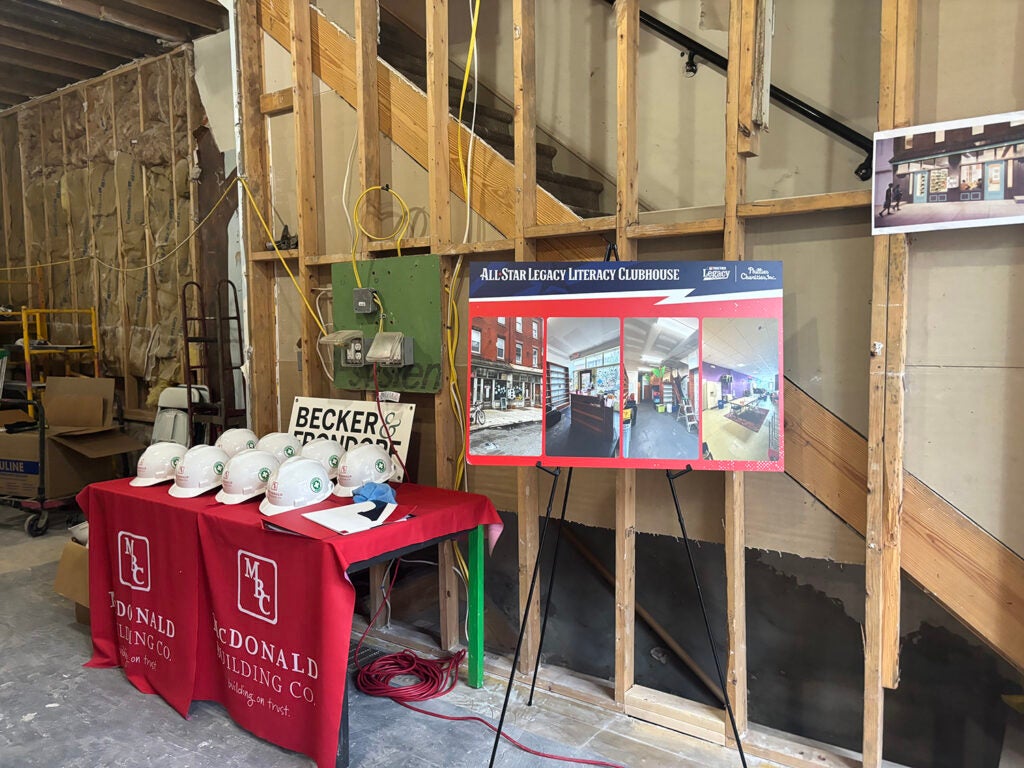 A poster board outlines the plans for renovations of Tree House Books