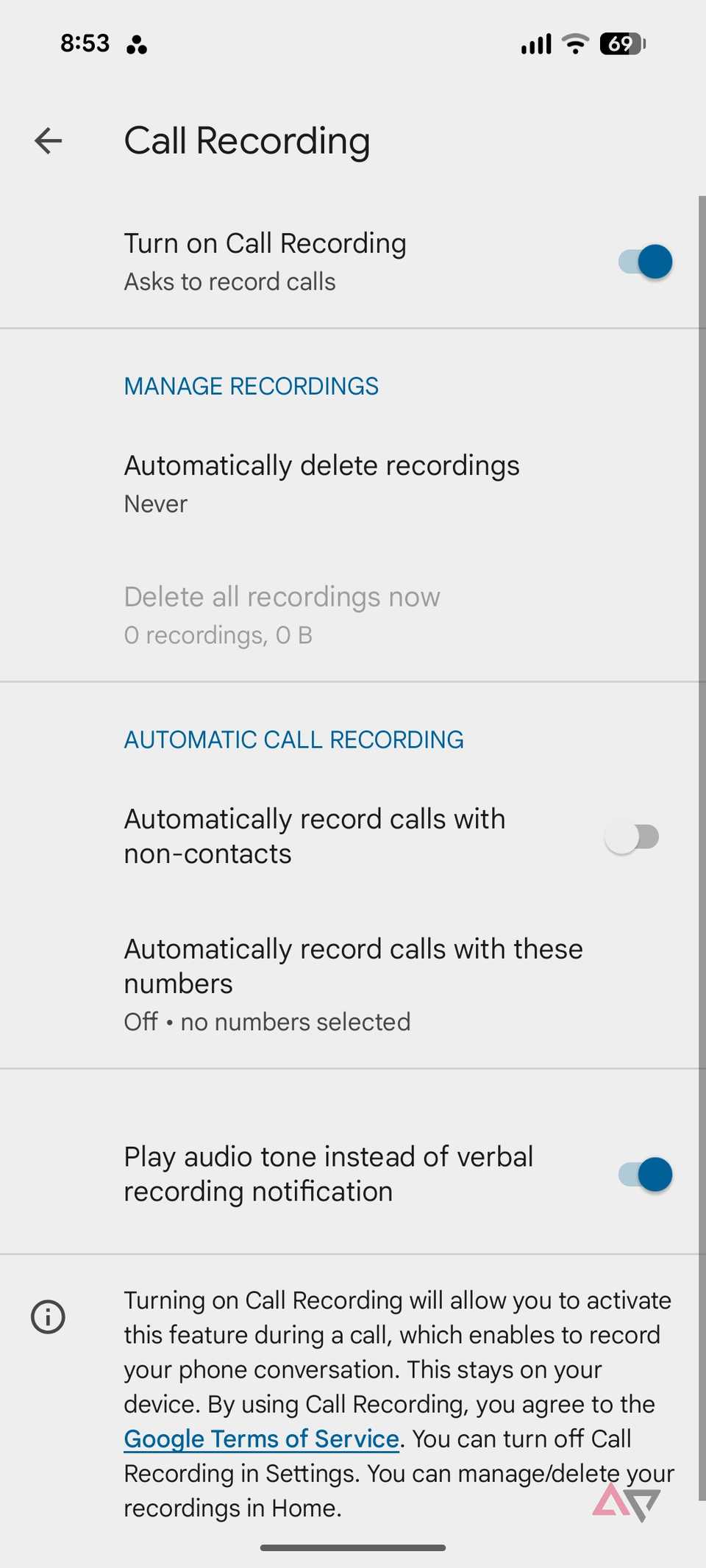 A screenshot showing phone app settings