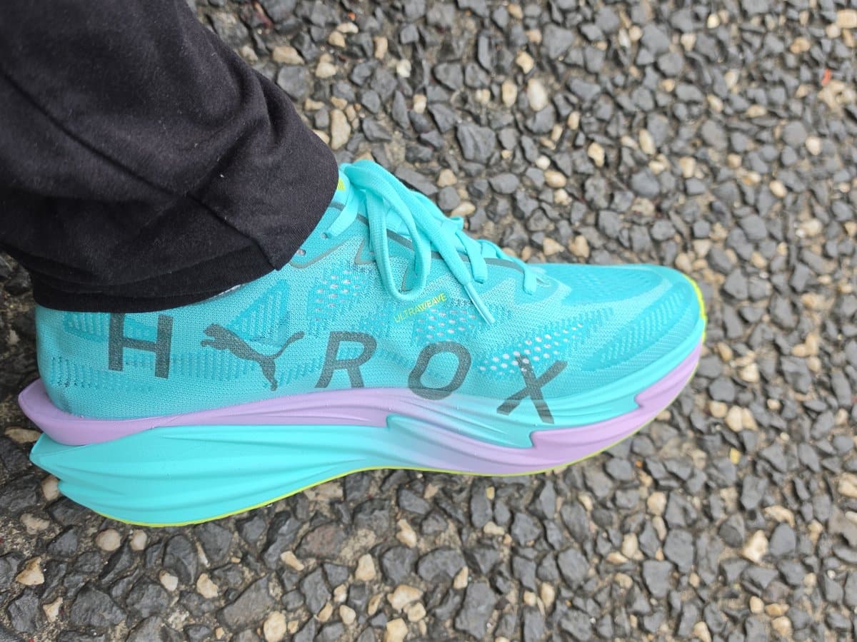 PUMA x HYROX Deviate NITRO Elite on foot with HYROX lettering across the toe