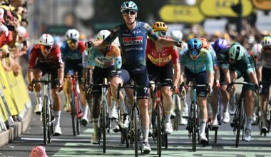 Soudal Quick-Step team's Belgian rider Tim Merlier cycles to the finish line to win the 7th stage of the 113th edition of the Tour de France cycling race, 175 km between Hagetmau and Bordeaux in southwestern France, on July 10, 2026. (Photo by Jeff PACHOUD / AFP)