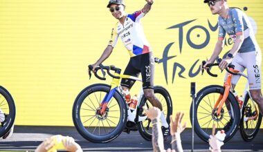 2026 Tour de France: Egan Bernal (l) rides on stage at the team presentation in Barcelona