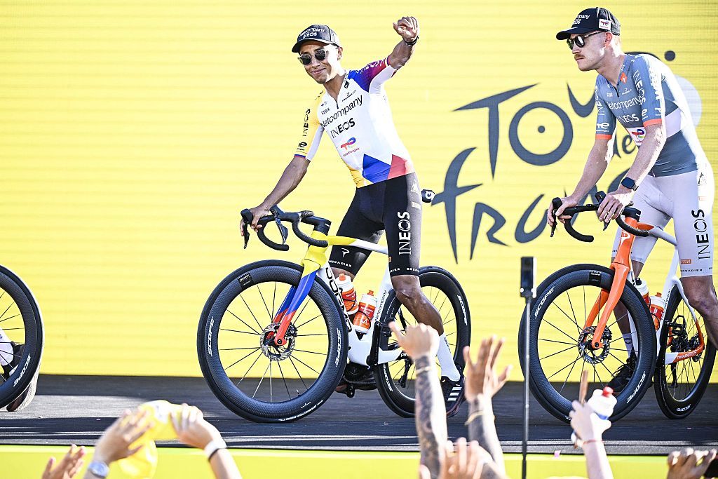 2026 Tour de France: Egan Bernal (l) rides on stage at the team presentation in Barcelona
