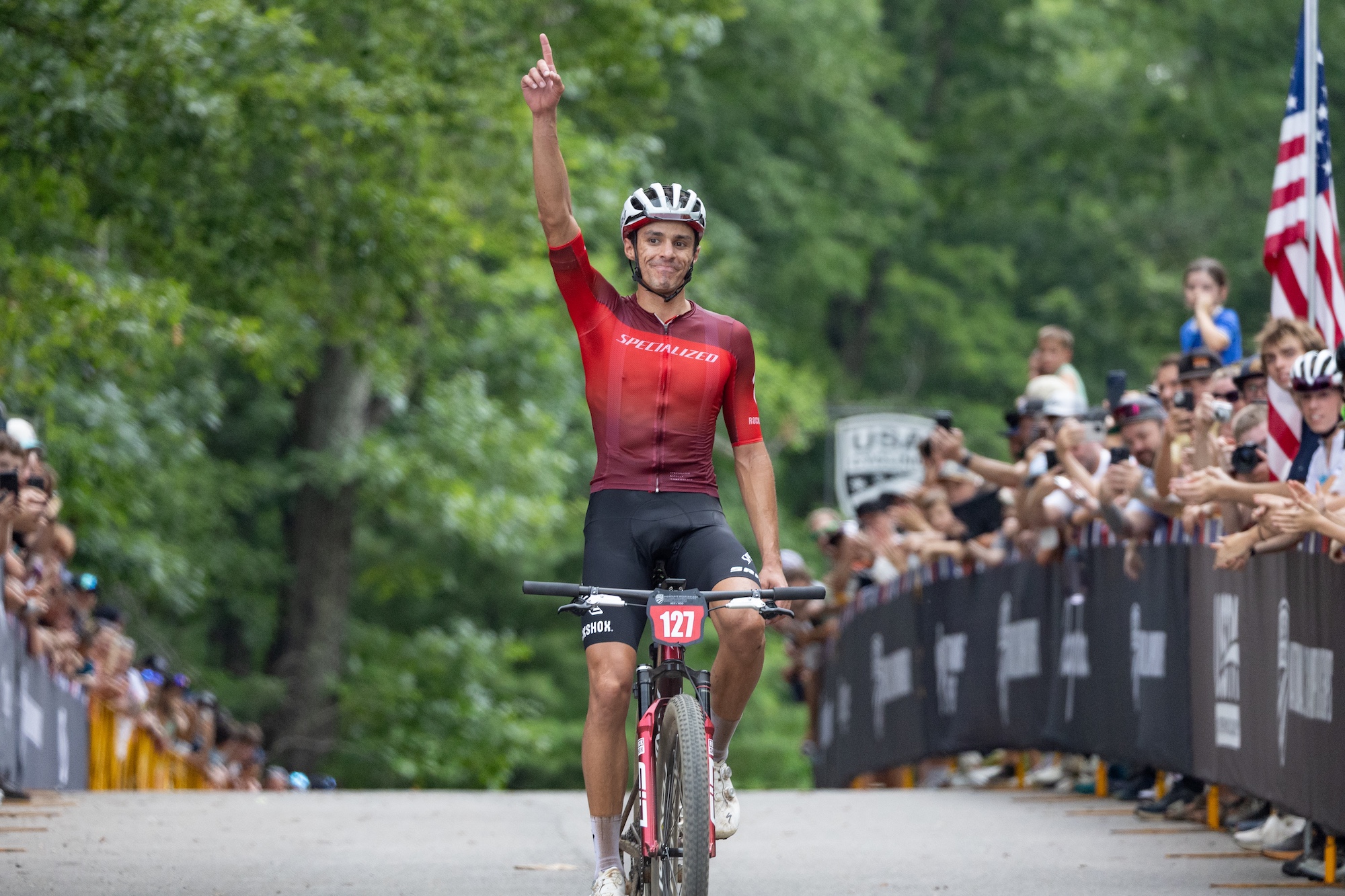 Christopher Blevins (Specialized Racing) claims the elite men's XCO national title at the 2026 USA Cycling Endurance Mountain Bike National Championships