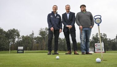 Liberal candidate for Benambra Steve Martin, Victorian opposition planning spokesman David Southwick and Brandt Johnson, of Wodonga Golf Club Action Group, gathered at Wodonga golf course last month to outline the Coalition's position on a proposed redevelopment of the course for housing. Picture by Mark Jesser