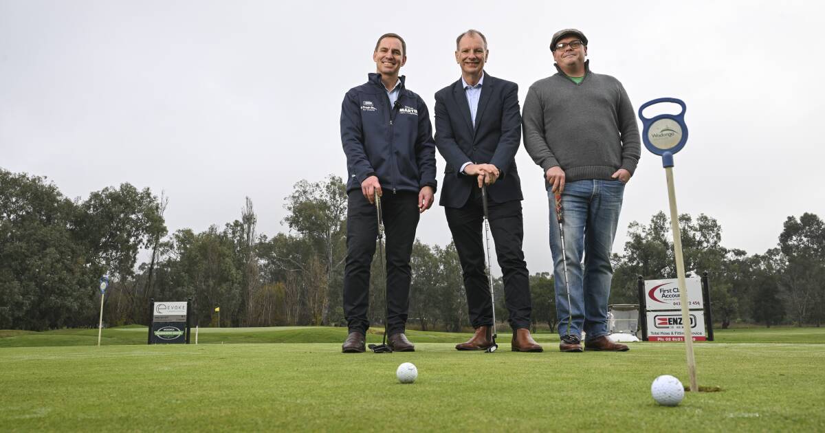 Liberal candidate for Benambra Steve Martin, Victorian opposition planning spokesman David Southwick and Brandt Johnson, of Wodonga Golf Club Action Group, gathered at Wodonga golf course last month to outline the Coalition's position on a proposed redevelopment of the course for housing. Picture by Mark Jesser
