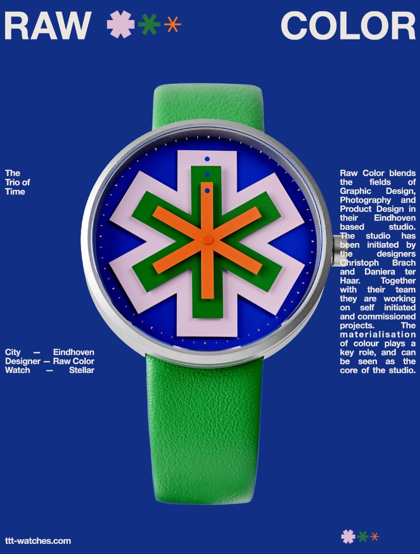 kinetic watch dial reimagines timekeeping through layered colored star-like hands - 4