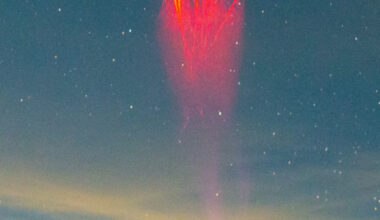 Lightning spreads like roots from a tree up into the atmosphere from the top of a cloud. Stars are scattered across the night sky above and the desert sits below the cloud deck.