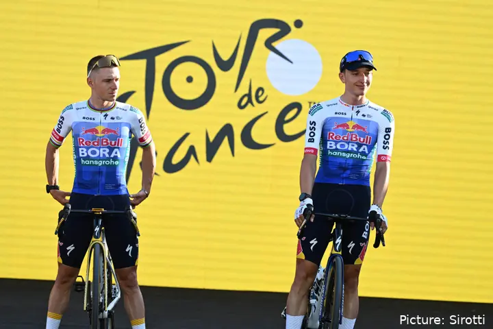 Remco Evenepoel and Florian Lipowitz at the 2026 Tour de France team presentation