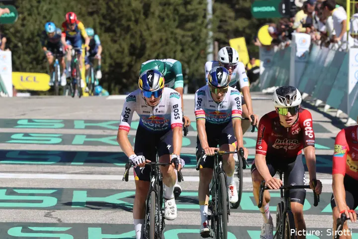 Remco Evenepoel and Florian Lipowitz cross the line together at the 2026 Tour de France