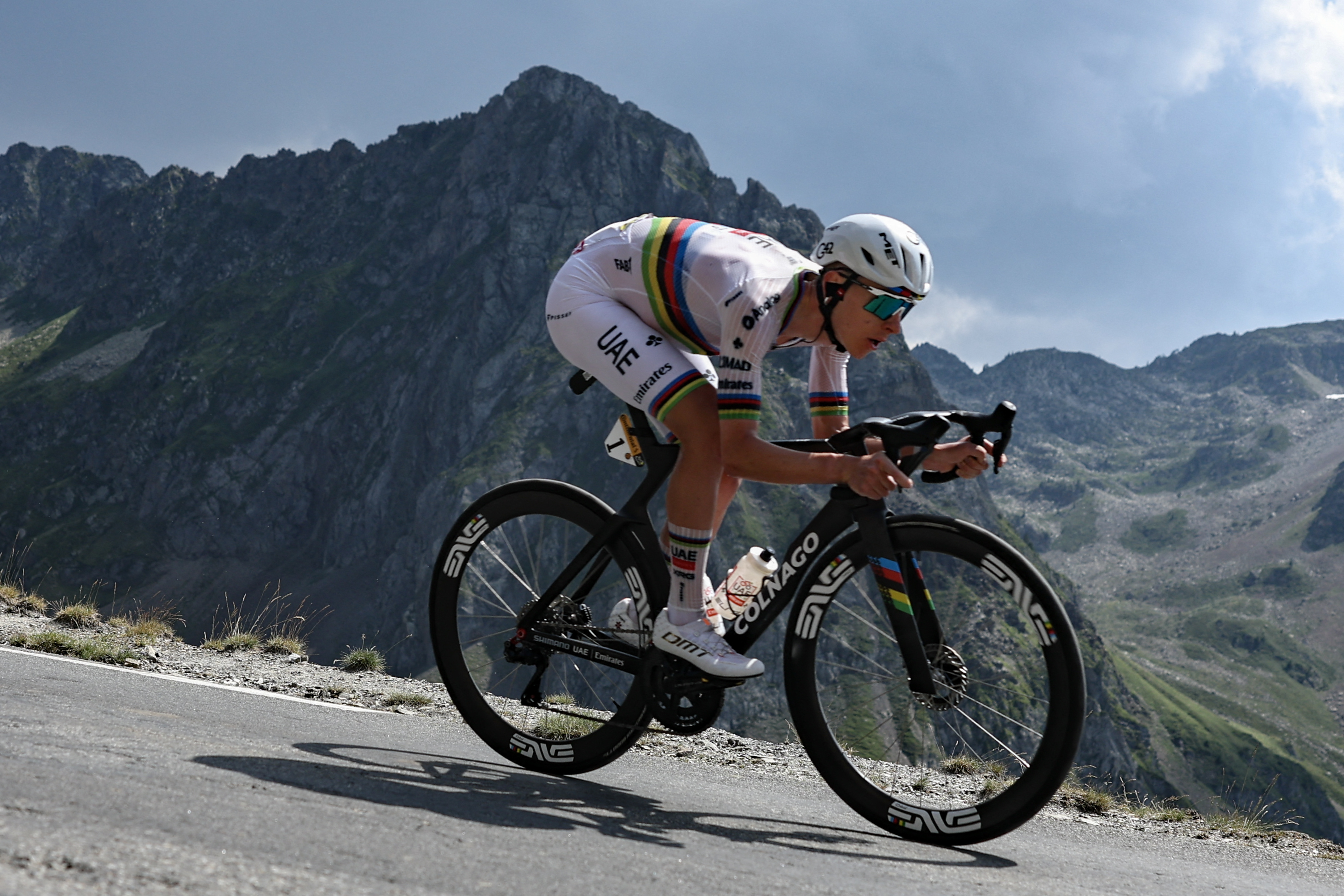 Tadej Pogačar descends a mountain during the Tour de France