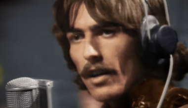 George Harrison during the live recording and broadcast of All You Need Is Love