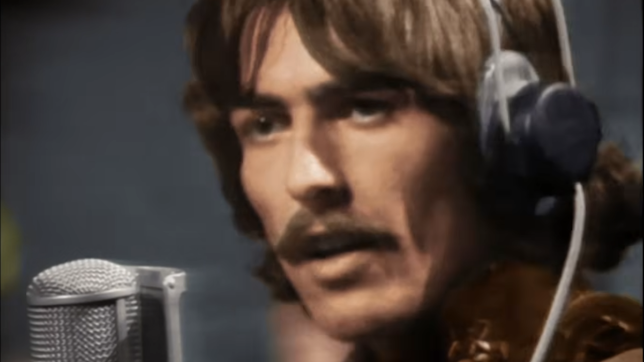 George Harrison during the live recording and broadcast of All You Need Is Love