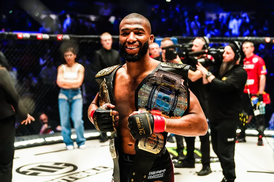 Salahdine PARNASSE of France celebrates during the KSW93 event at Adidas Arena on April 6, 2024 in Paris, France