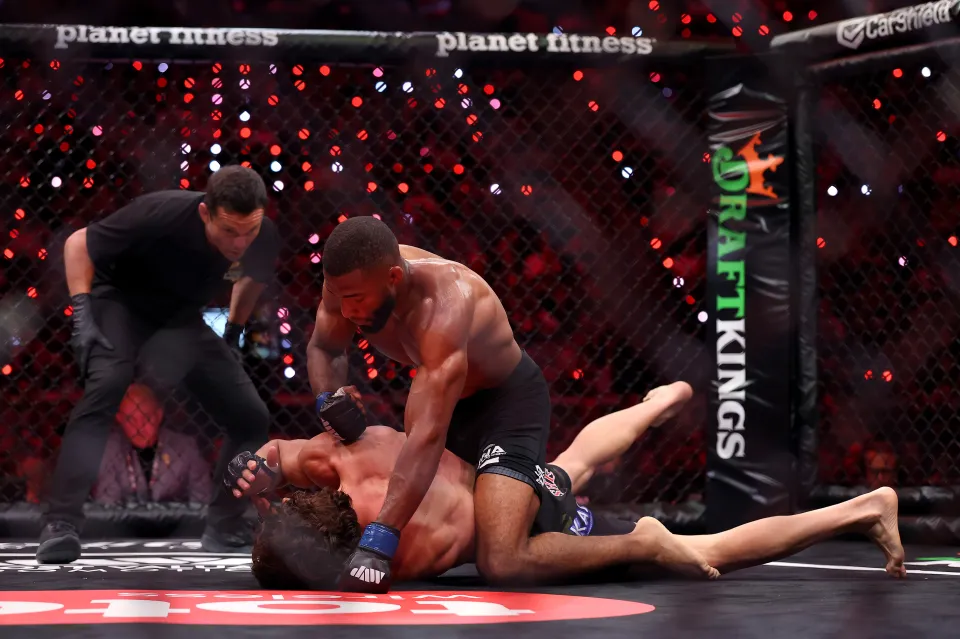 Salahdine Parnasse strikes Kenneth Cross in their lightweight bout during the main card of Netflix's Ronda Rousey vs. Gina Carano at Intuit Dome on May 16, 2026 in Inglewood, California