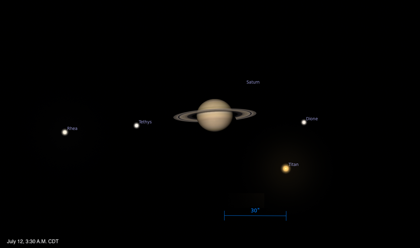 Telescopic simulation of Saturn and its moons on July 12, 2026 at 3:30 AM CDT. Saturn with its rings is centered, with moons Tethys and Rhea to the left, Dione to the right, and Titan below. A 30-arcsecond scale bar appears at the bottom center.
