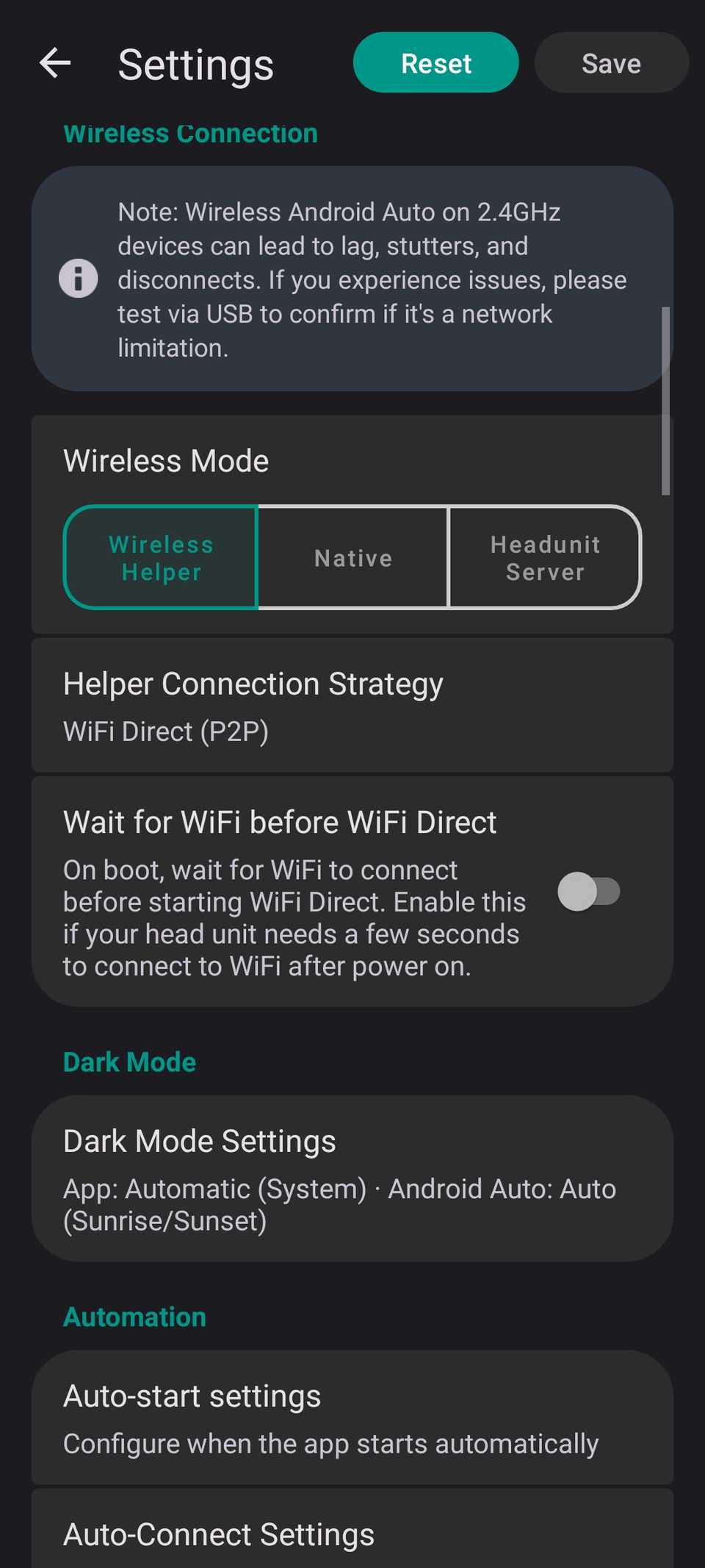 The settings in Headunit Revived with Wireless Helper enabled.