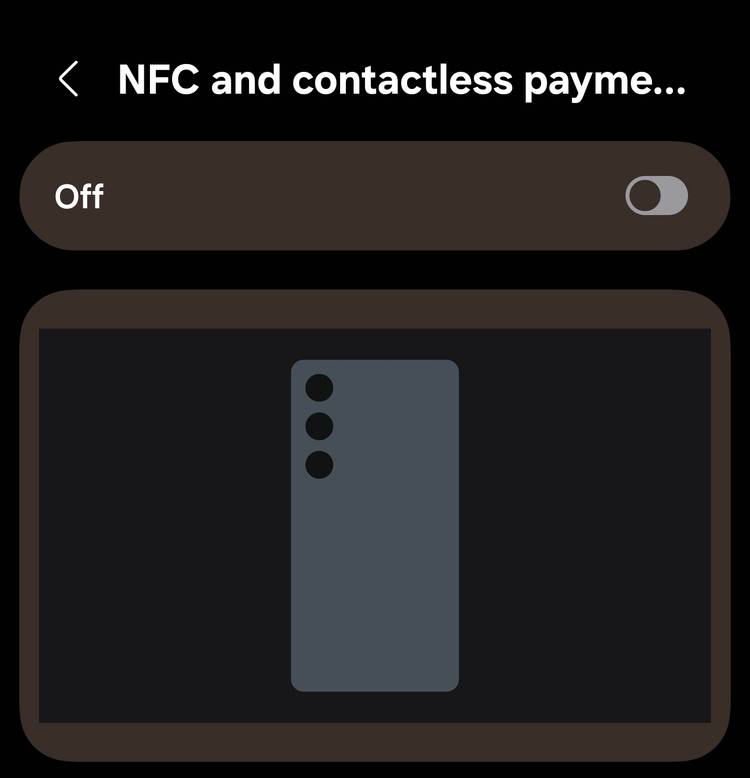 Screenshot_20260715_214105_SettingsSamsung Settings screen showing the NFC and contactless payments toggle turned off.
