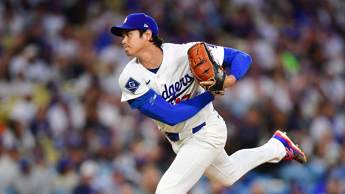 Shohei Ohtani pitching for the Los Angeles Dodgers at Dodger Stadium