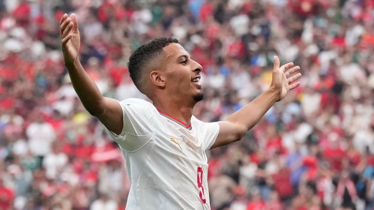 Morocco's Azzedine Ounahi celebrates after scoring the opening goal against Canada (AP Photo/David J. Phillip)