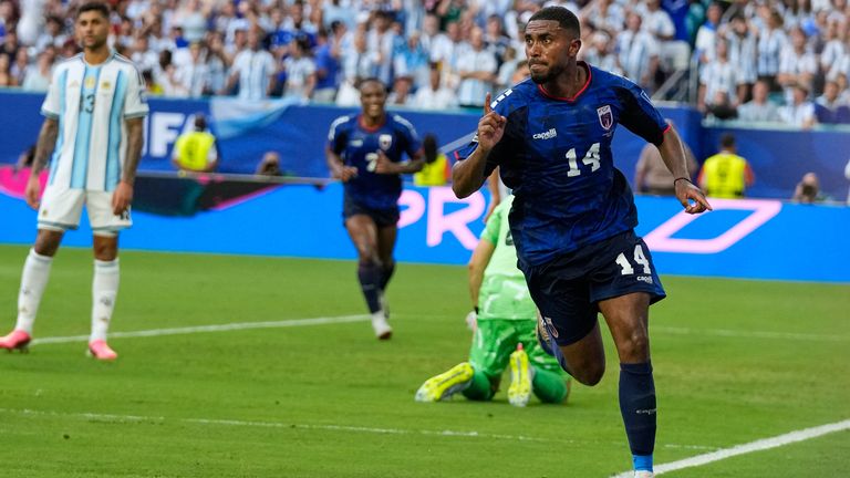 Cape Verde's Deroy Duarte celebrates after scoring his side's first goal against Argentina