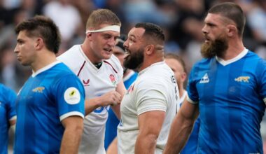 England's Ellis Genge, center, celebrates scoring a try against Argentina during a Nations Championship rugby match in Santiago Del Estero, Argentina, Saturday, July 18, 2026. (AP Photo/Gustavo Garello)