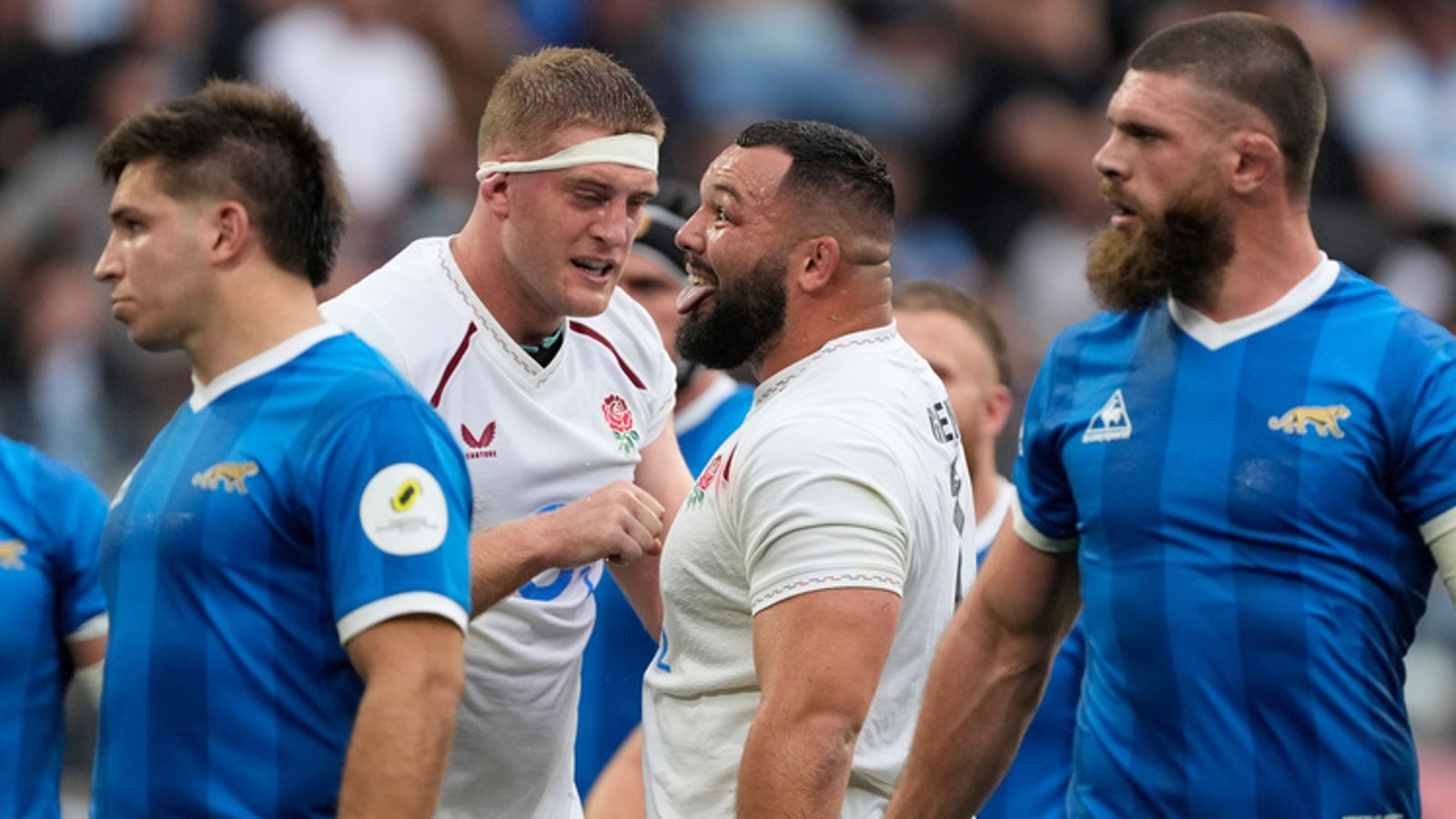 England's Ellis Genge, center, celebrates scoring a try against Argentina during a Nations Championship rugby match in Santiago Del Estero, Argentina, Saturday, July 18, 2026. (AP Photo/Gustavo Garello)