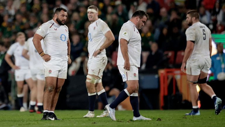 England forward Ellis Genge, Alex Coles and Jamie George stand shell-shocked after South Africa's opening three-try salvo