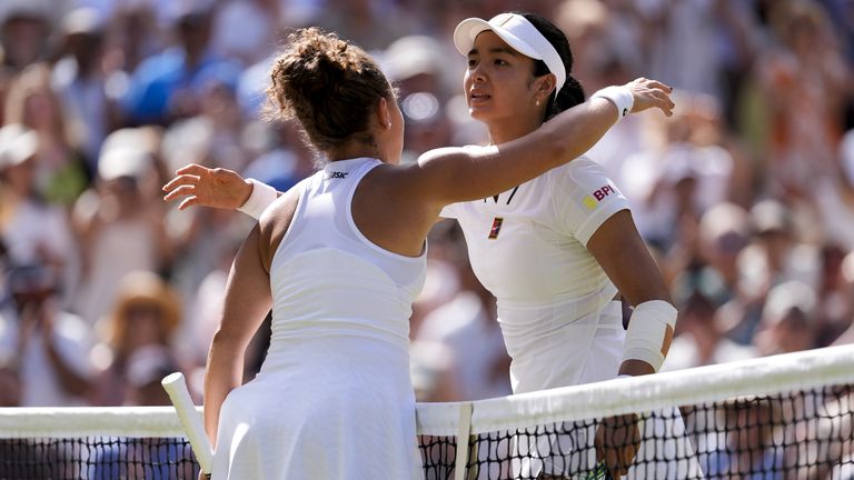 Jasmine Paolini of Italy (left) following her Ladies' Singles match against Alexandra Eala of the Philippines on day eight of the 2026 Wimbl