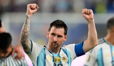 Argentina's Lionel Messi, center, celebrates after the World Cup round of 32 win against Cape Verde