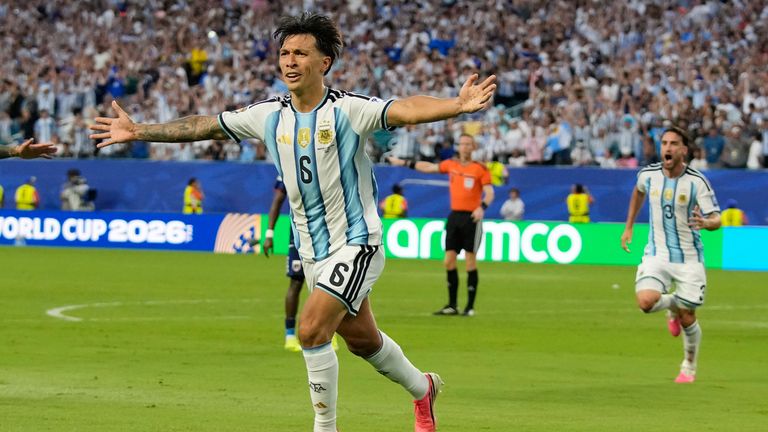 Argentina's Lisandro Martinez celebrates after scoring his side's second goal during the World Cup match against Cape Verde in Miami